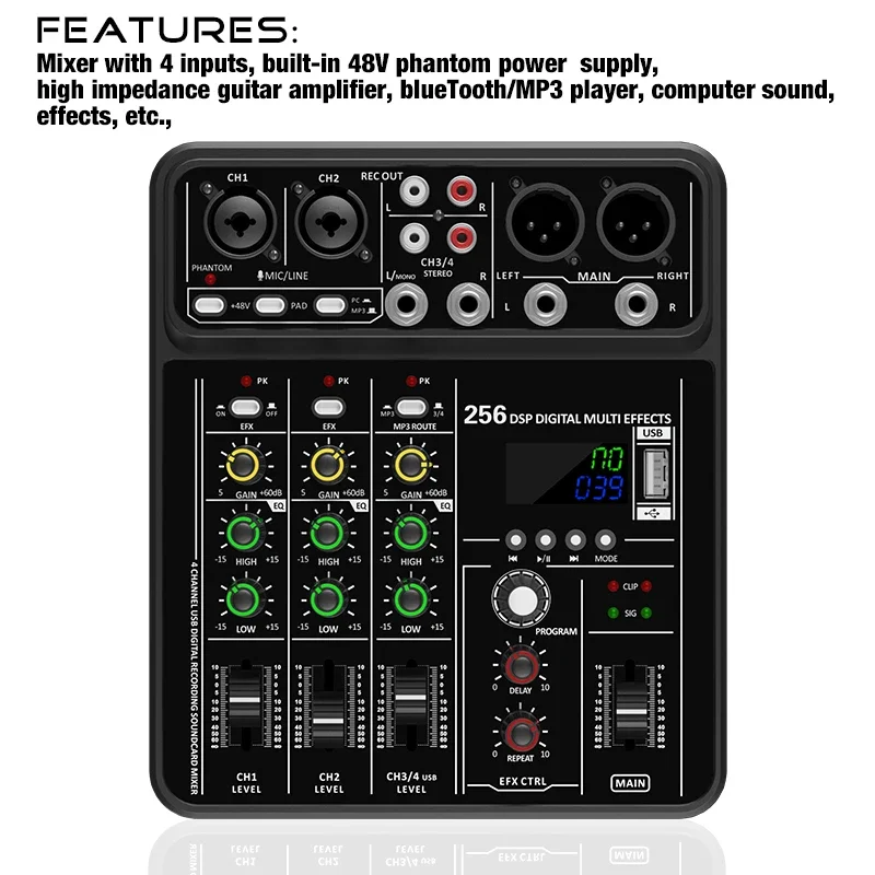 Audio Mixer 4 Channel - خلاط صوتي مع بلوتوث وتسجيل عبر